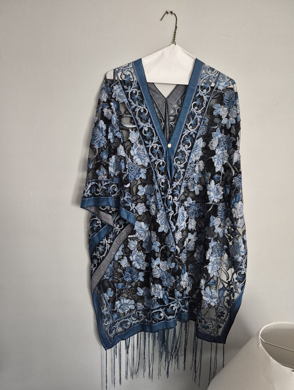 Blue Floral Embroidered Shawl with Fringe